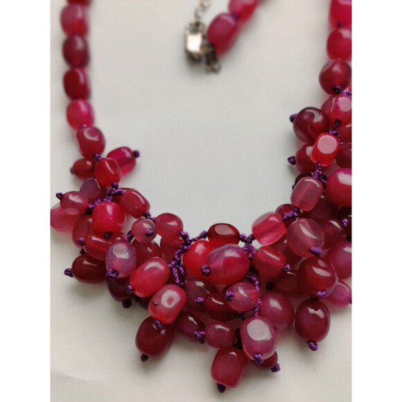 Vtg HOT PINK Beaded NECKLACE 925 SILVER CLASP 22" Adjustable Purple Cord 92g - Picture 2 of 6